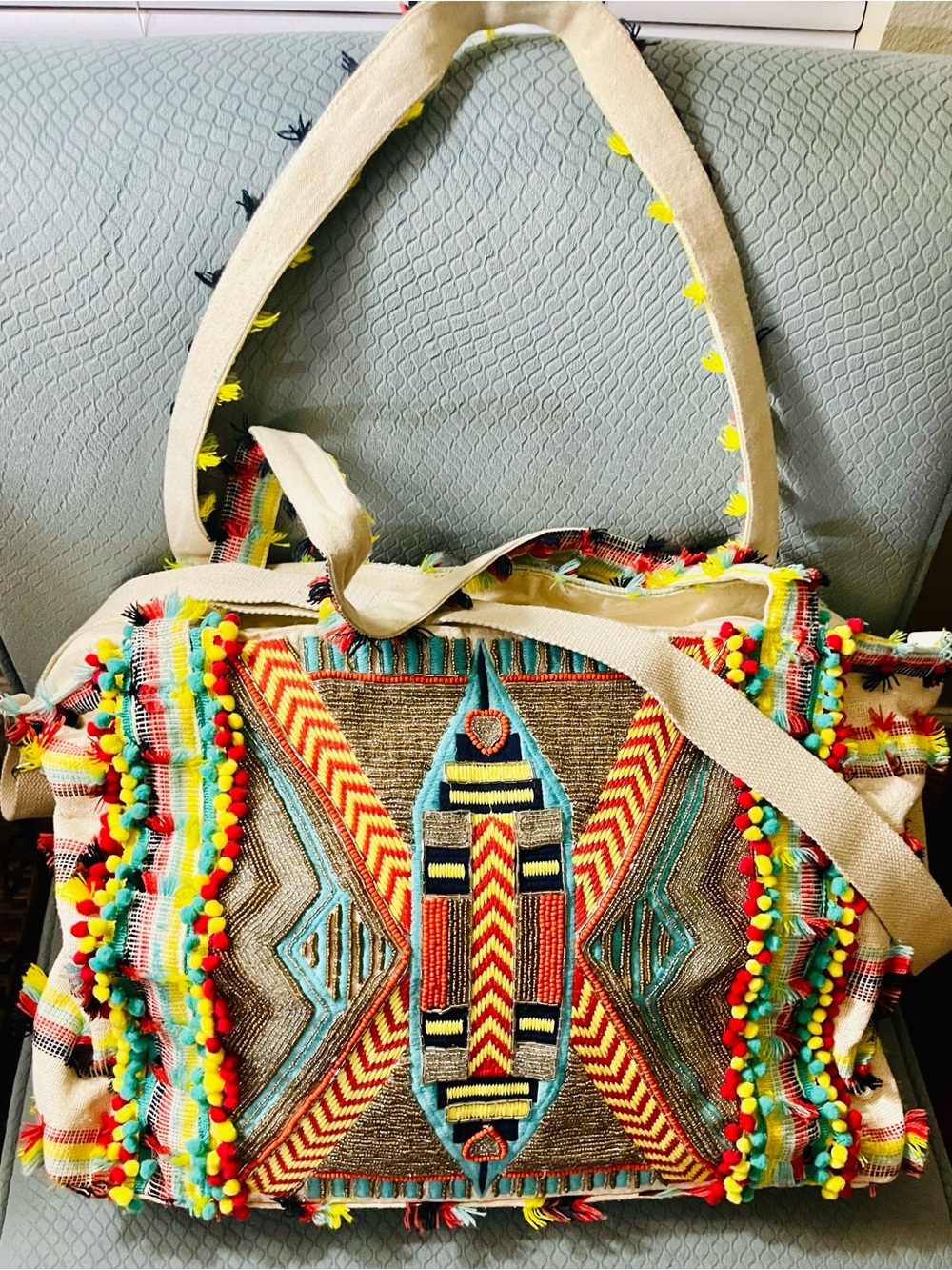 Boho Pom Pom Embroidered Tote Bag in Multicolor